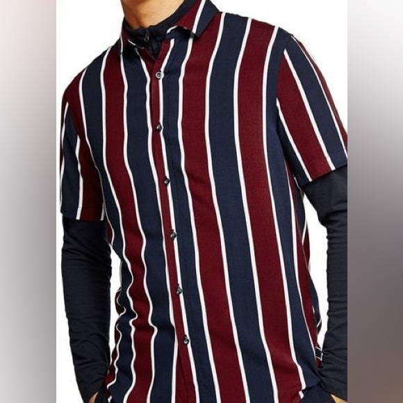 Topman Navy, Maroon, and White Striped Viscose Shirt - Men’s Medium - Picture 5 of 10